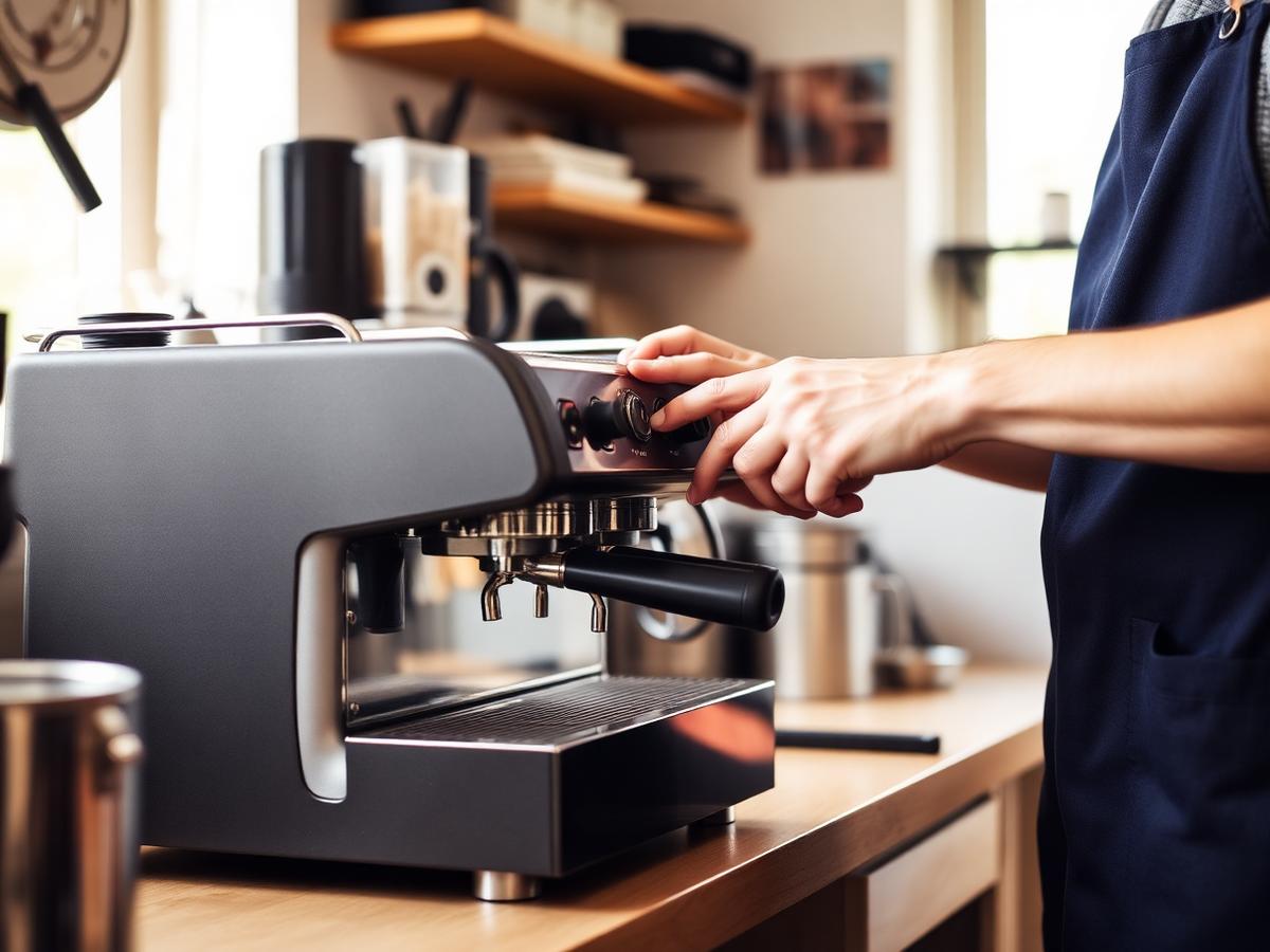 Technician servicing a domestic espresso machine in the workshop