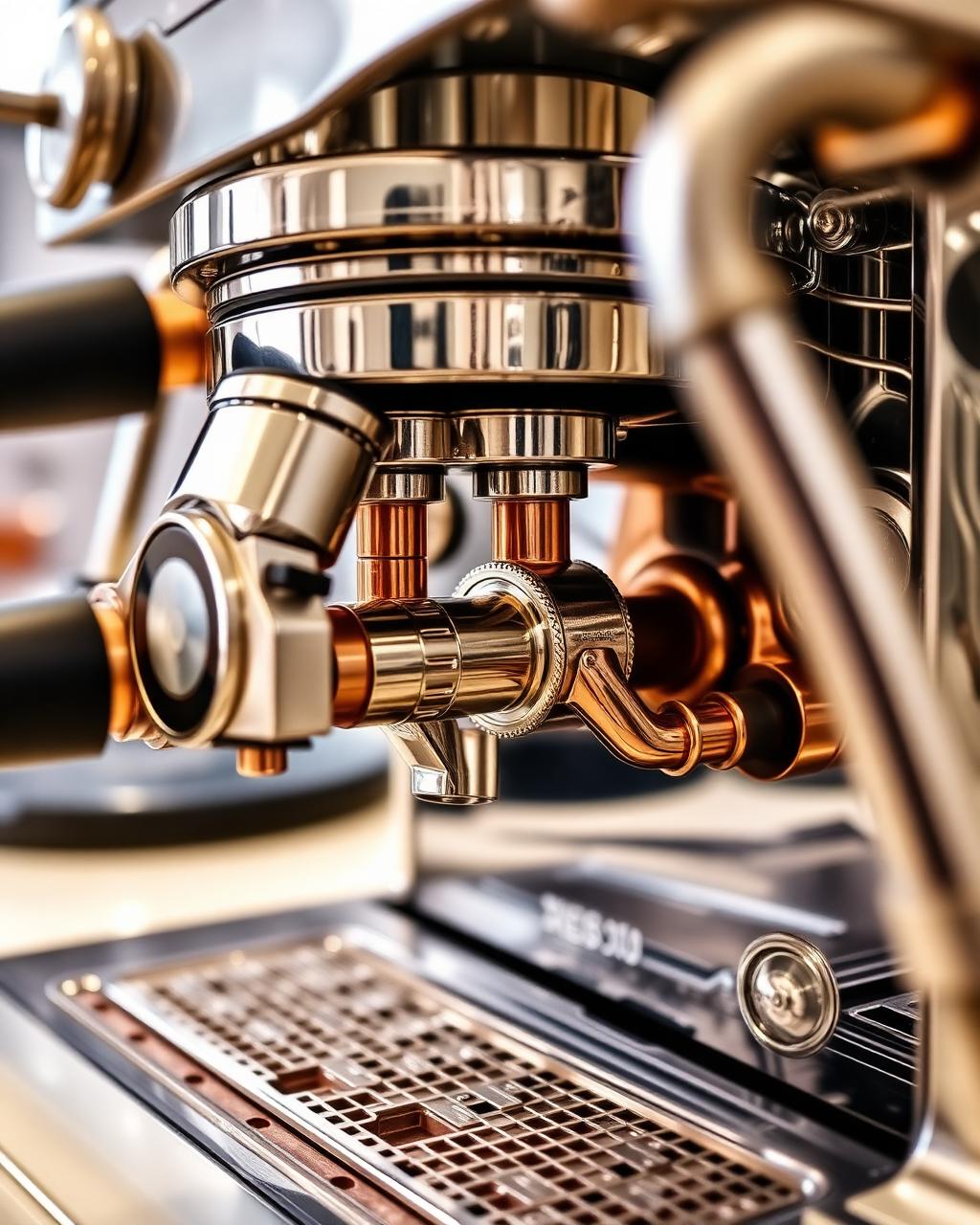 Close-up of polished brass and copper espresso machine internals being serviced
